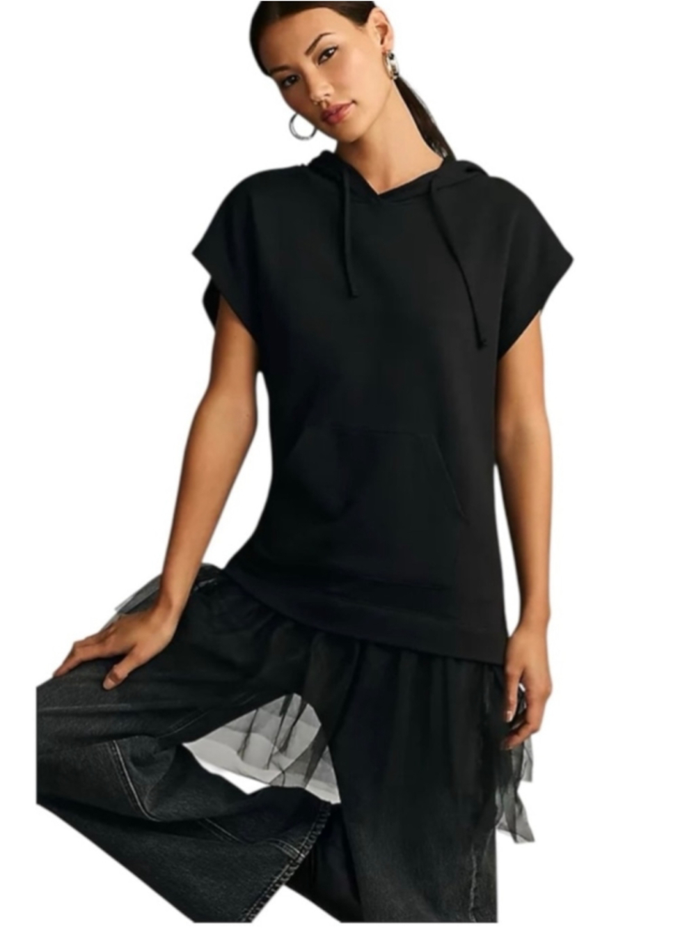 Pilcro Tulle Short-Sleeve Sweatshirt Black Size Large Anthropologie
